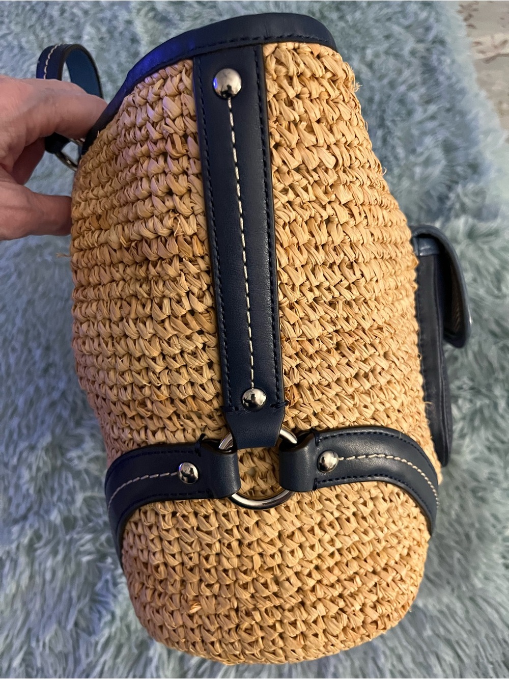 Coach Straw & Leather Legacy Resort Tote Bag w Contrasting Blues EUC - Picture 7 of 13